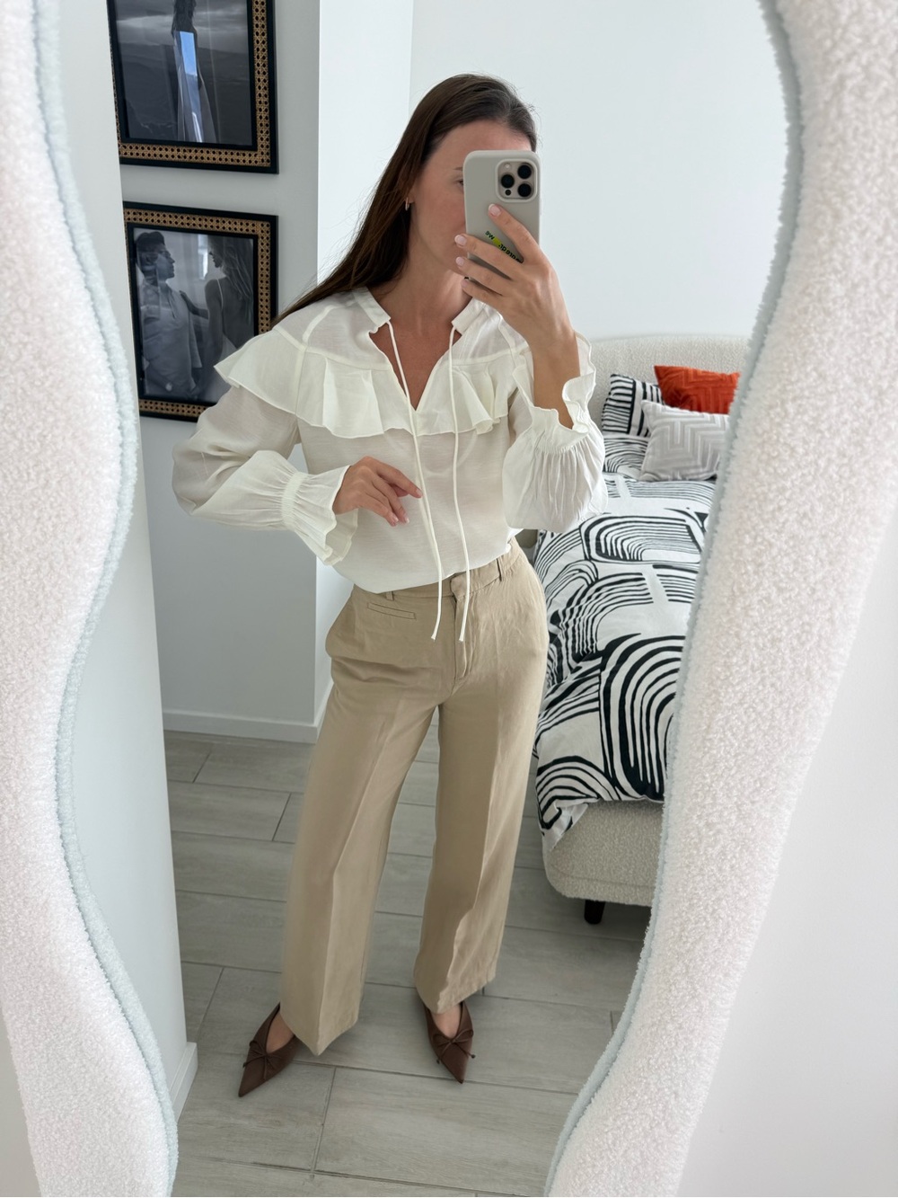 H&M Cream Ruffle-Yoke Tie Front Blouse